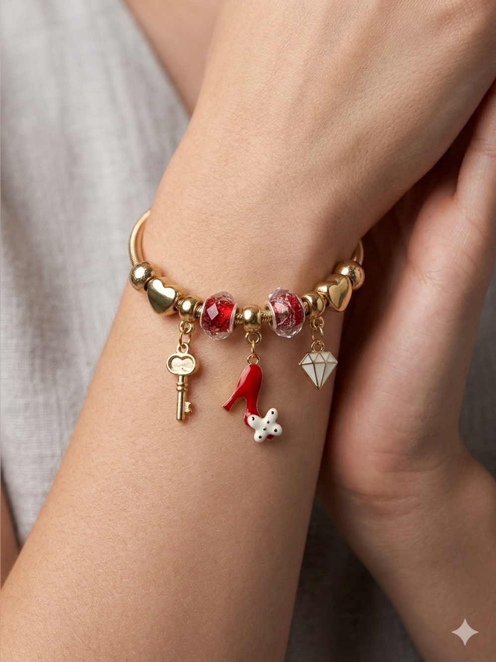 Red Heel Key Charm Bracelet | Snake Chain High Heel Key Fashion Charms